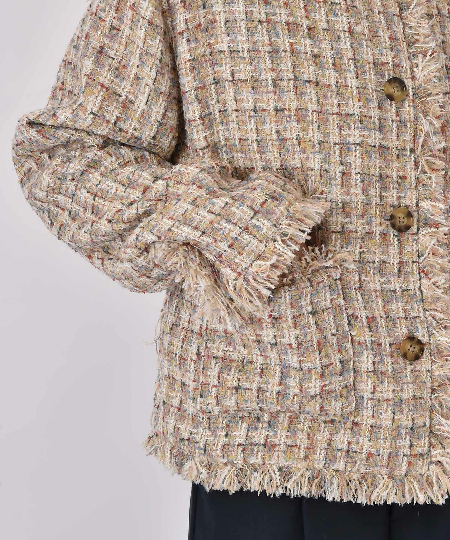 Max Mara ノーカラー　ツイード　金糸 ジャケット ベージュ系　M ツイードノーカラーミドル ジャケット （ノーカラージャケット）｜S